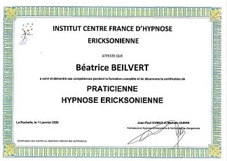 Certification de Praticienne en Hypnose Ericksonienne obtenue par Béatrice Beilvert à l'ICFHE.