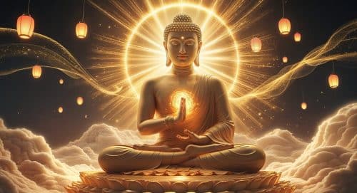 Illustration des origines du Reiki : silhouette de Bouddha rayonnante, symbolisant l'énergie universelle (Rei) et vitale (Ki) transmise à Saint-Léger-les-Vignes.